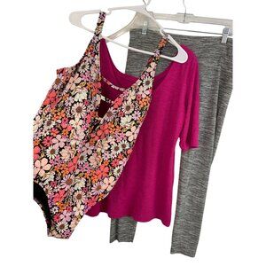 Time And Tru Womens 3-Piece Lot Swimsuit Scoop Tee & Crop Leggings Size L 8833